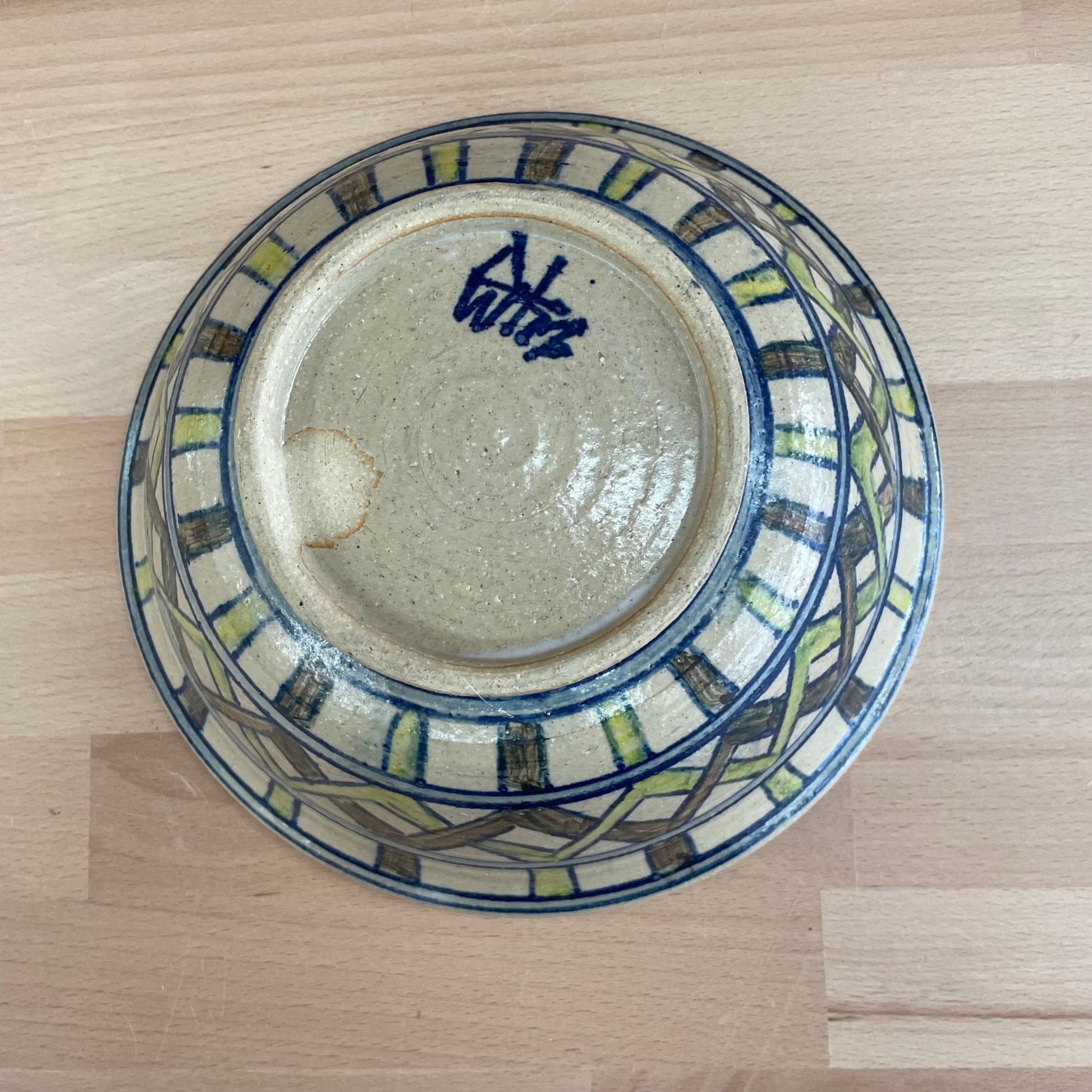 Signed Studio Pottery Bowl — Hand-Painted Geometric Glaze, Blue & Olive, 9"W, Mid-Century - Loom Vintage