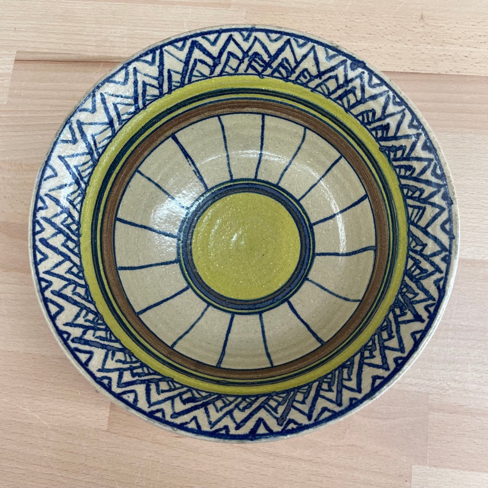 Signed Studio Pottery Bowl — Hand-Painted Geometric Glaze, Blue & Olive, 9"W, Mid-Century - Loom Vintage