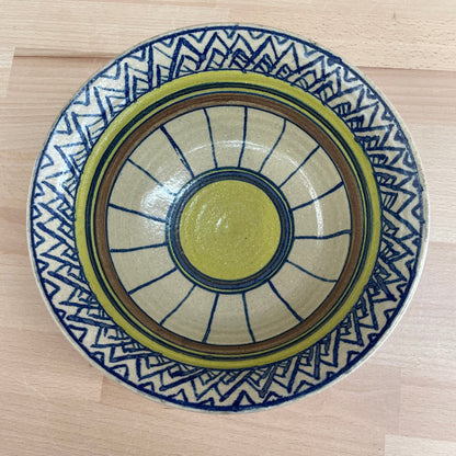 Signed Studio Pottery Bowl — Hand-Painted Geometric Glaze, Blue & Olive, 9"W, Mid-Century - Loom Vintage