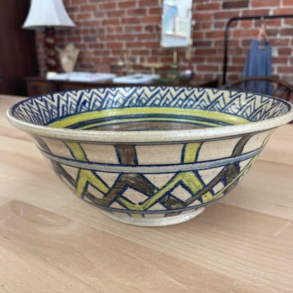 Signed Studio Pottery Bowl — Hand-Painted Geometric Glaze, Blue & Olive, 9"W, Mid-Century - Loom Vintage