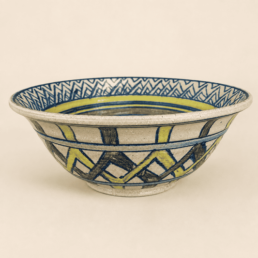 Side profile of hand-thrown studio pottery bowl with painted geometric bands