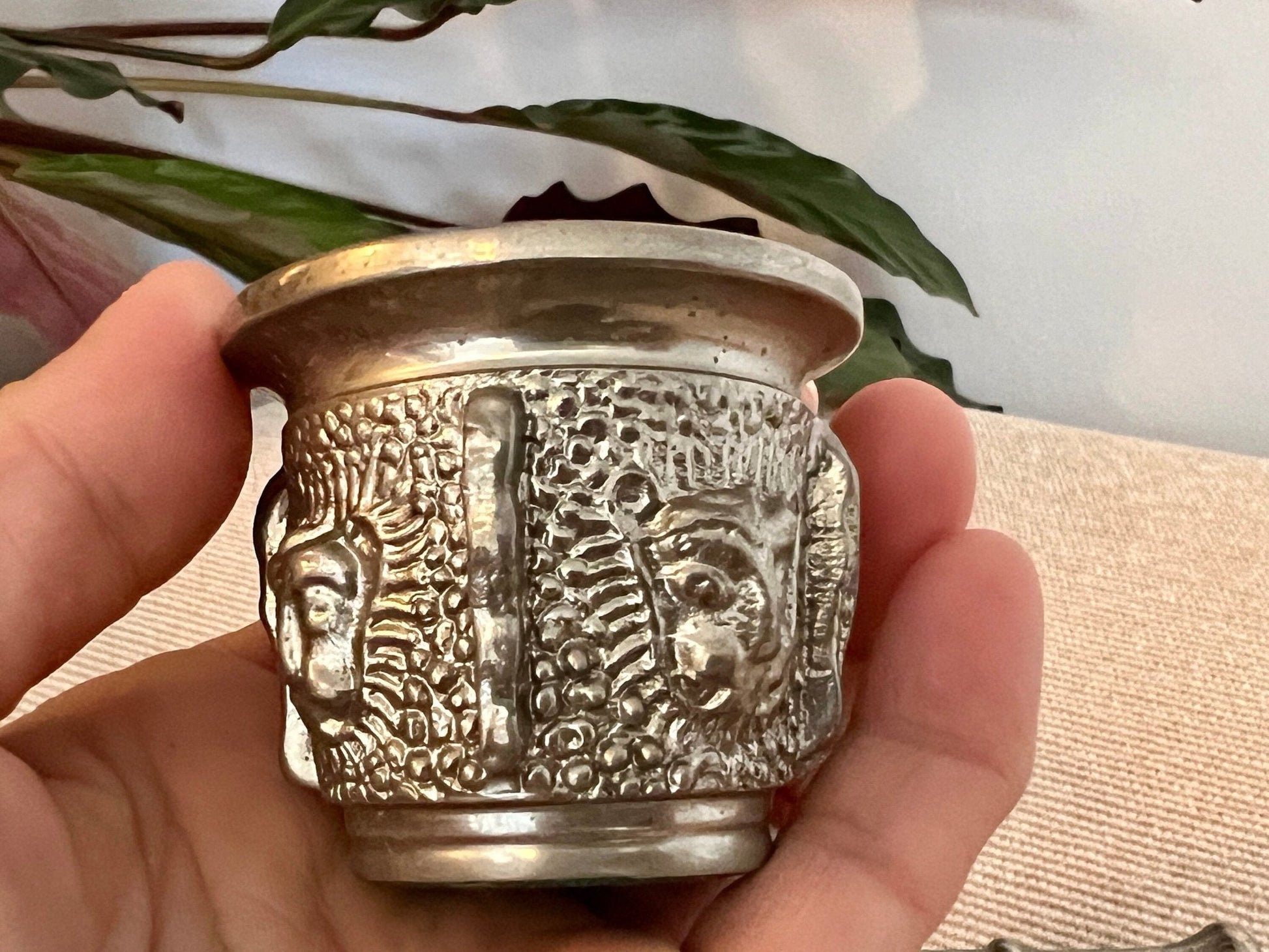 Silver - Tone Metal Mortar & Pestle — Raised Face Decoration, Apothecary Scale, Found in Porto, Portugal - Loom Vintage