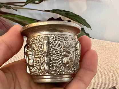 Silver - Tone Metal Mortar & Pestle — Raised Face Decoration, Apothecary Scale, Found in Porto, Portugal - Loom Vintage