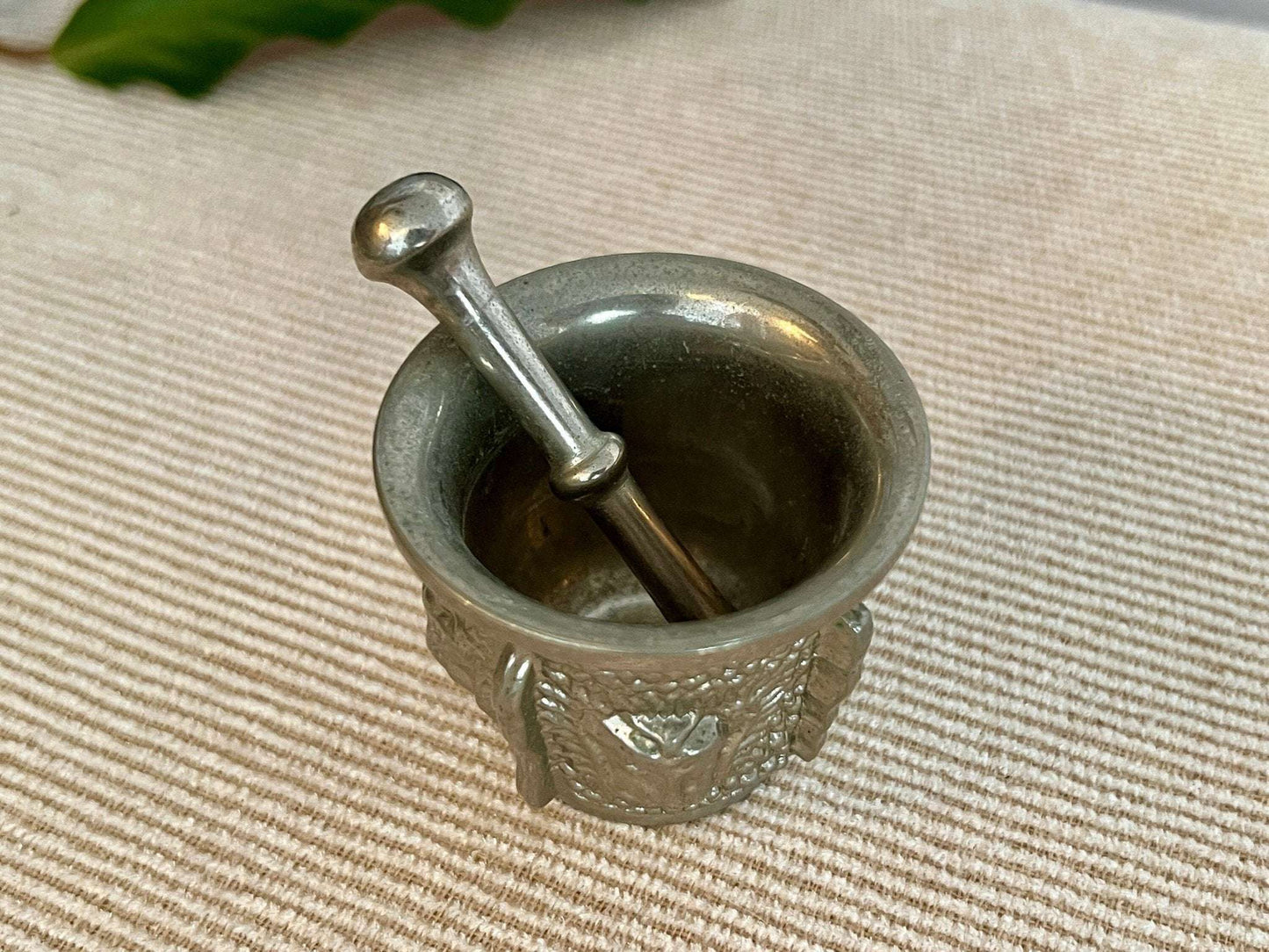 Silver - Tone Metal Mortar & Pestle — Raised Face Decoration, Apothecary Scale, Found in Porto, Portugal - Loom Vintage