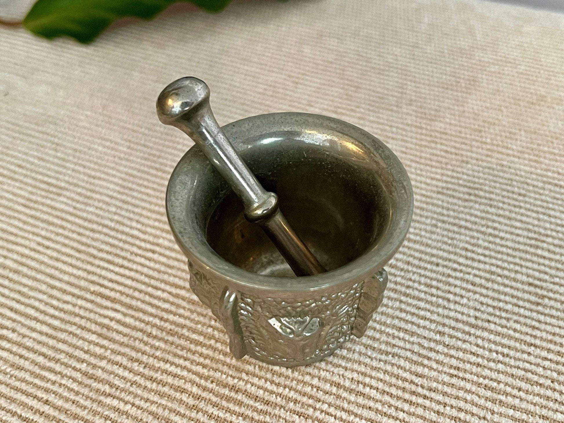 Silver - Tone Metal Mortar & Pestle — Raised Face Decoration, Apothecary Scale, Found in Porto, Portugal - Loom Vintage