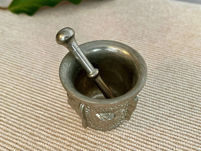 Silver - Tone Metal Mortar & Pestle — Raised Face Decoration, Apothecary Scale, Found in Porto, Portugal - Loom Vintage