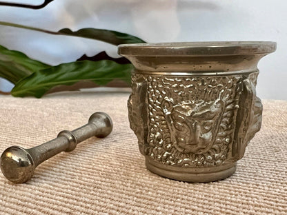 Silver - Tone Metal Mortar & Pestle — Raised Face Decoration, Apothecary Scale, Found in Porto, Portugal - Loom Vintage