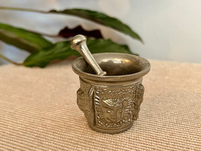 Silver - Tone Metal Mortar & Pestle — Raised Face Decoration, Apothecary Scale, Found in Porto, Portugal - Loom Vintage