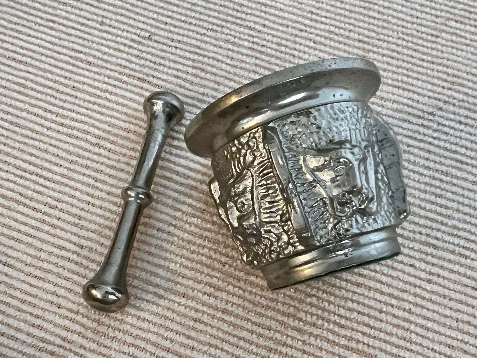 Silver - Tone Metal Mortar & Pestle — Raised Face Decoration, Apothecary Scale, Found in Porto, Portugal - Loom Vintage