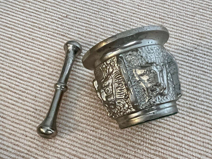 Silver - Tone Metal Mortar & Pestle — Raised Face Decoration, Apothecary Scale, Found in Porto, Portugal - Loom Vintage