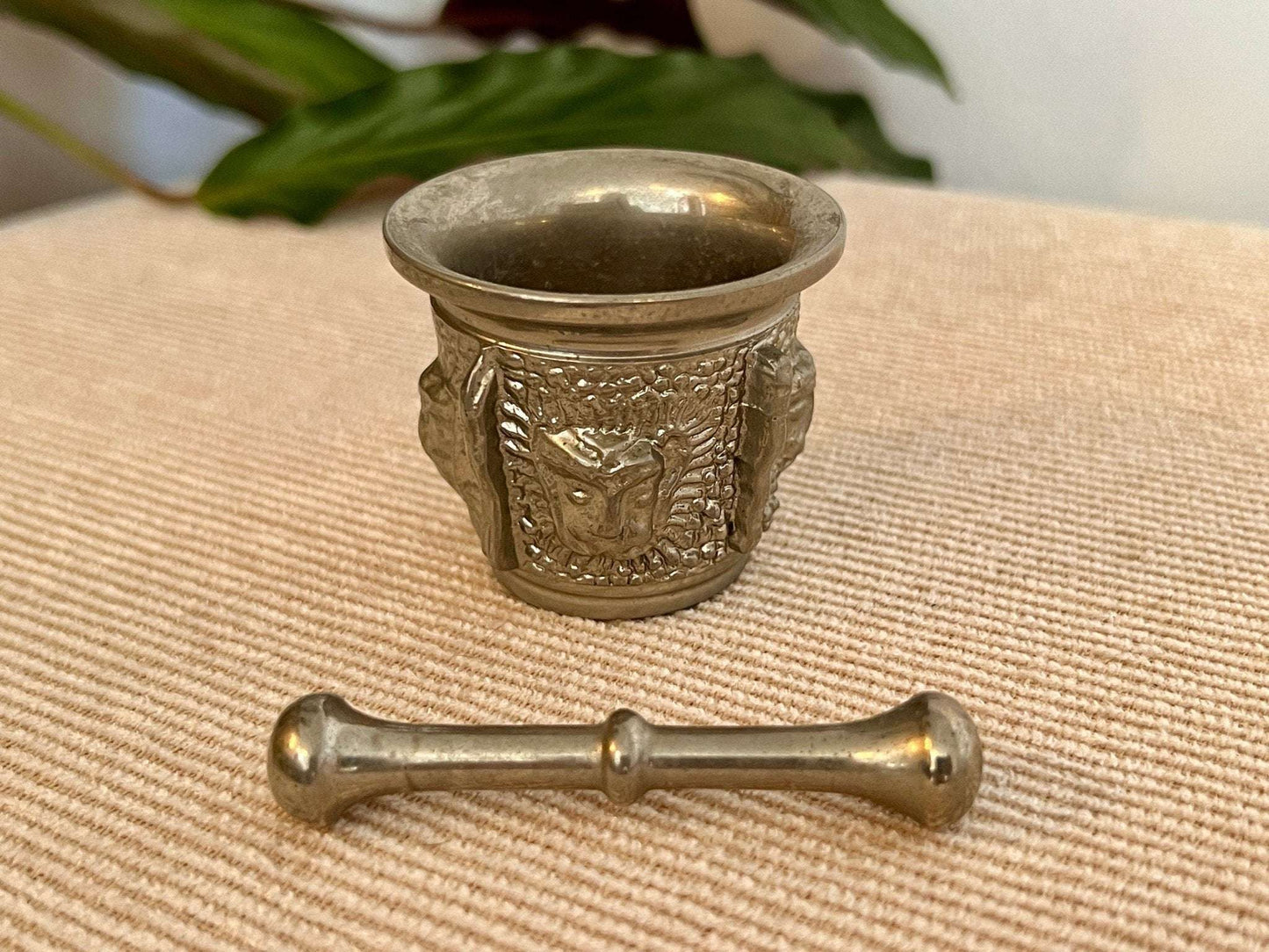 Silver - Tone Metal Mortar & Pestle — Raised Face Decoration, Apothecary Scale, Found in Porto, Portugal - Loom Vintage