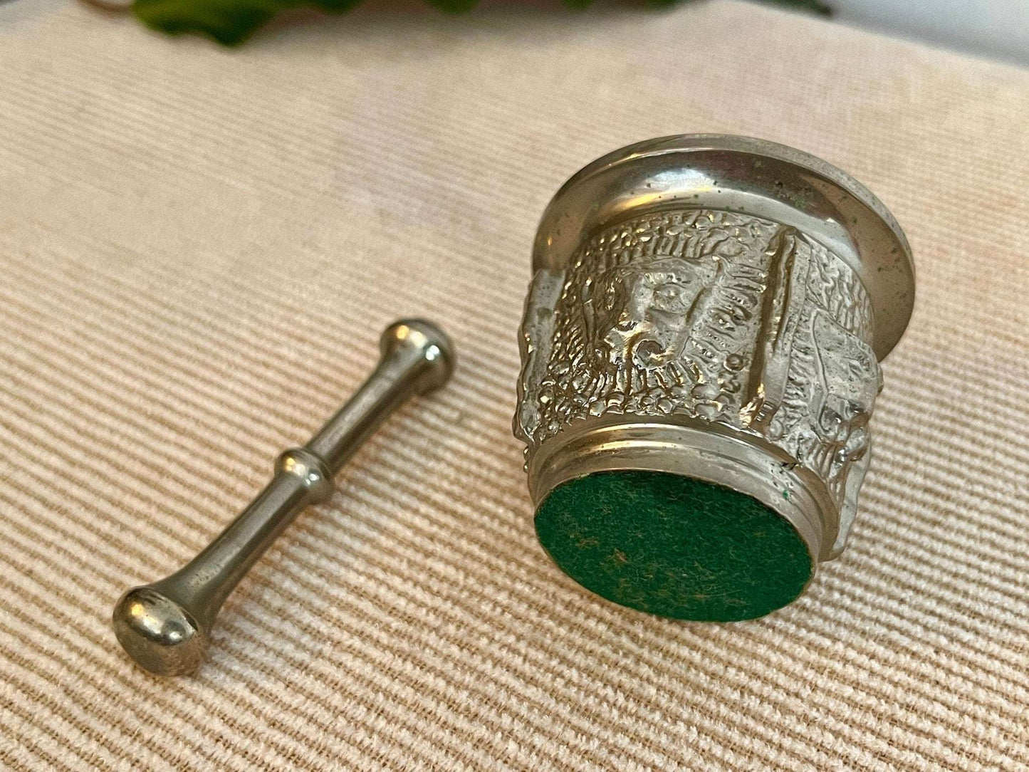 Silver - Tone Metal Mortar & Pestle — Raised Face Decoration, Apothecary Scale, Found in Porto, Portugal - Loom Vintage