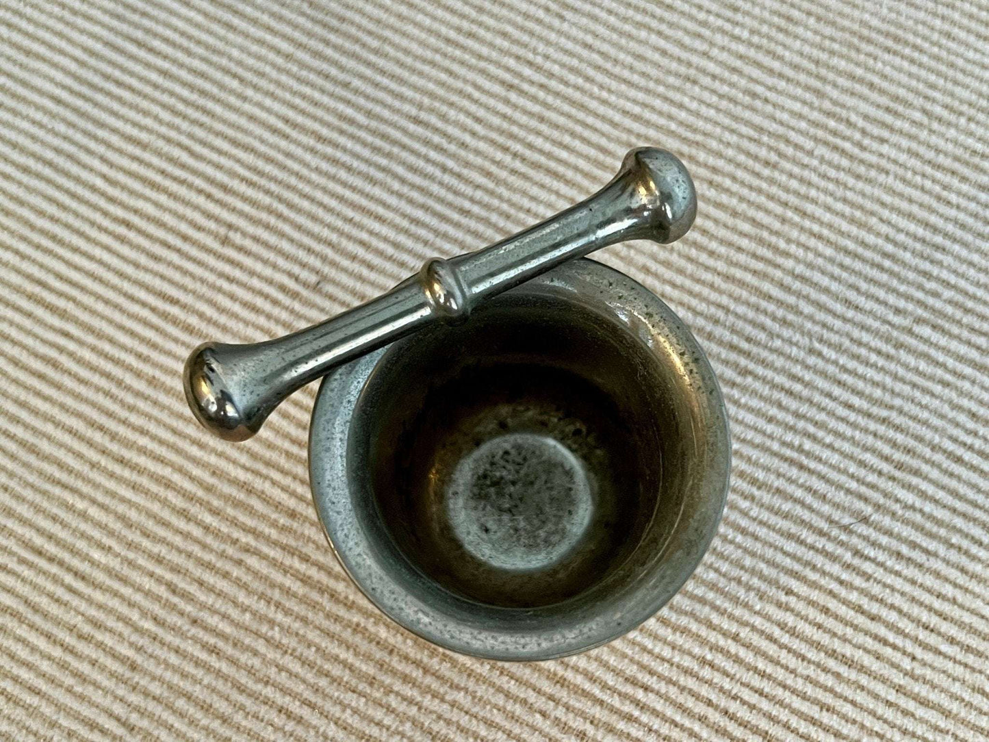 Silver - Tone Metal Mortar & Pestle — Raised Face Decoration, Apothecary Scale, Found in Porto, Portugal - Loom Vintage