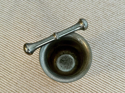 Silver - Tone Metal Mortar & Pestle — Raised Face Decoration, Apothecary Scale, Found in Porto, Portugal - Loom Vintage
