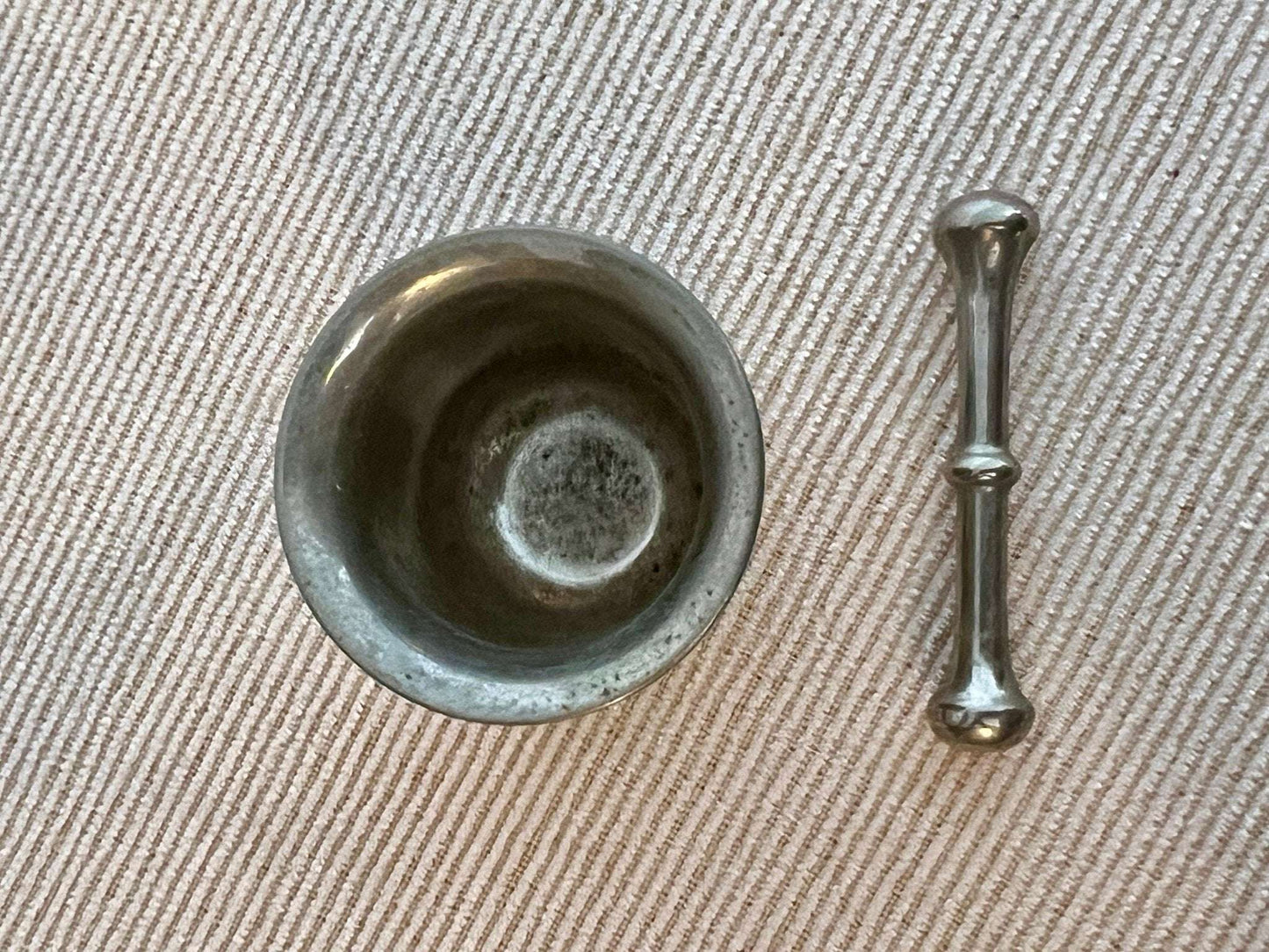 Silver - Tone Metal Mortar & Pestle — Raised Face Decoration, Apothecary Scale, Found in Porto, Portugal - Loom Vintage