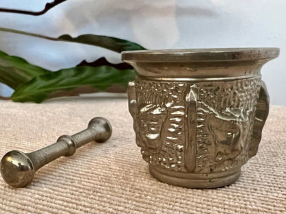 Silver - Tone Metal Mortar & Pestle — Raised Face Decoration, Apothecary Scale, Found in Porto, Portugal - Loom Vintage