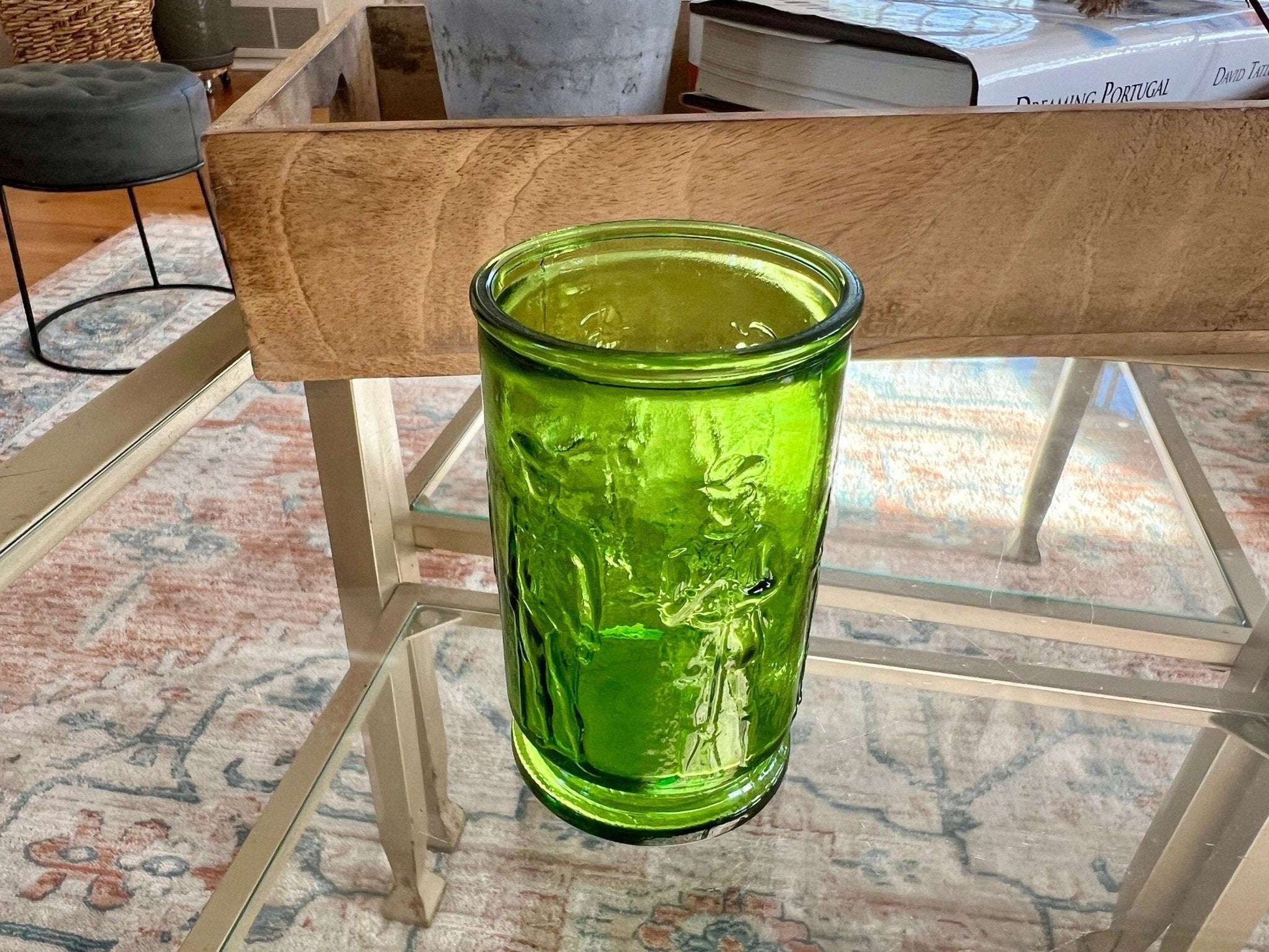 Small Green Wheaton Cup, Civil War Soldier Motif, Pressed Glass - Loom Vintage