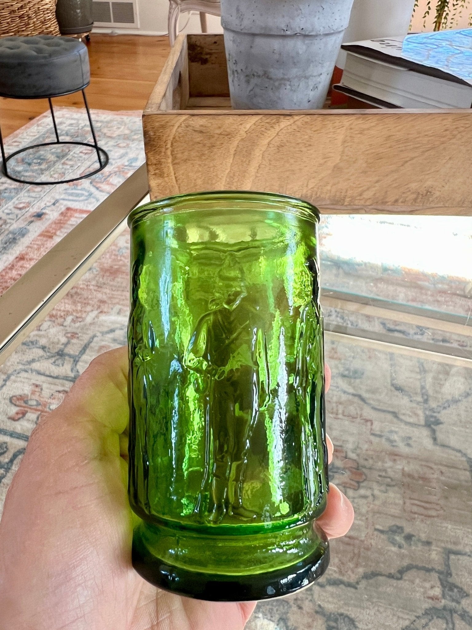 Small Green Wheaton Cup, Civil War Soldier Motif, Pressed Glass - Loom Vintage