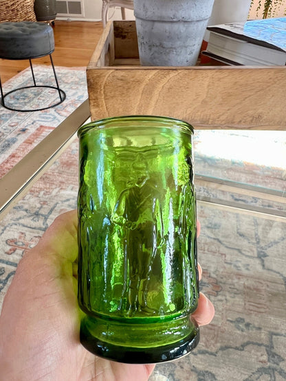 Small Green Wheaton Cup, Civil War Soldier Motif, Pressed Glass - Loom Vintage