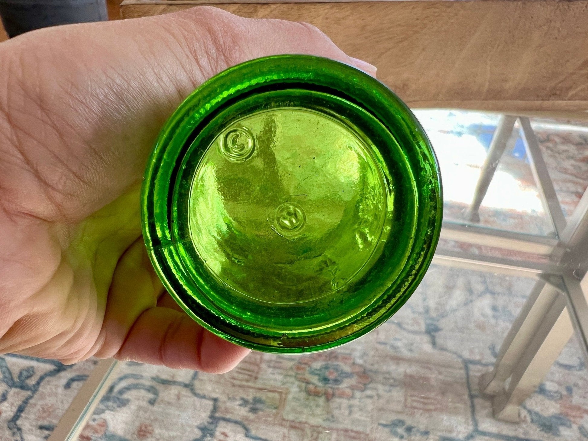 Small Green Wheaton Cup, Civil War Soldier Motif, Pressed Glass - Loom Vintage