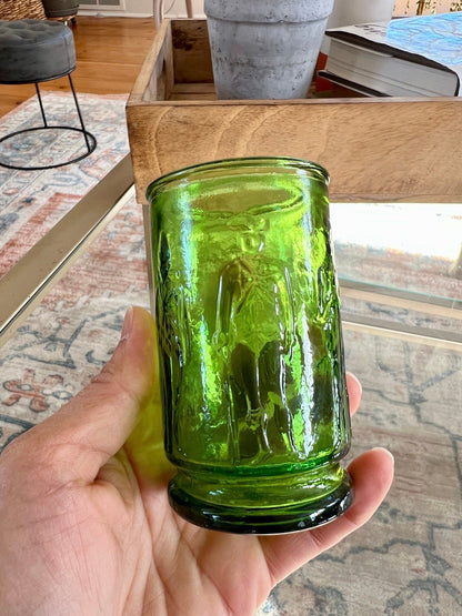 Small Green Wheaton Cup, Civil War Soldier Motif, Pressed Glass - Loom Vintage