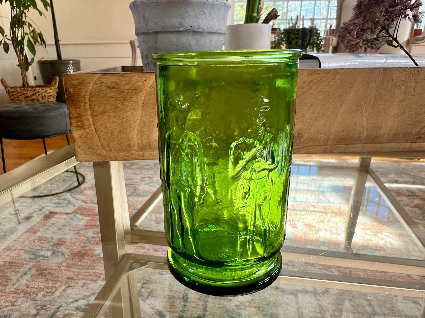 Small Green Wheaton Cup, Civil War Soldier Motif, Pressed Glass - Loom Vintage
