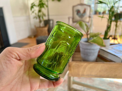 Small Green Wheaton Cup, Civil War Soldier Motif, Pressed Glass - Loom Vintage