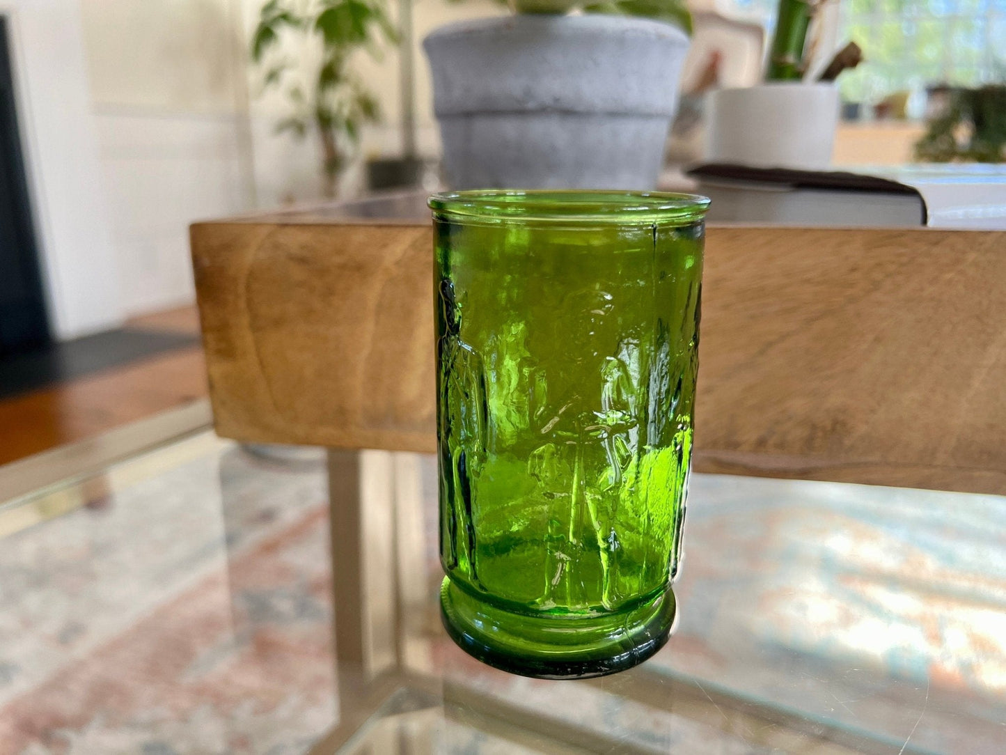 Small Green Wheaton Cup, Civil War Soldier Motif, Pressed Glass - Loom Vintage