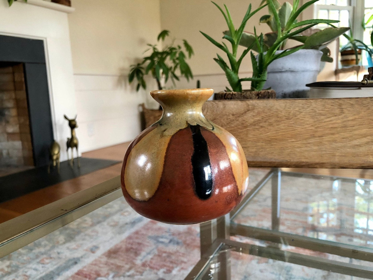 Small Hand Made Brown Beige Glaze Ceramic Flower Vase / Drip Design Bud Vase / Pottery - Loom Vintage
