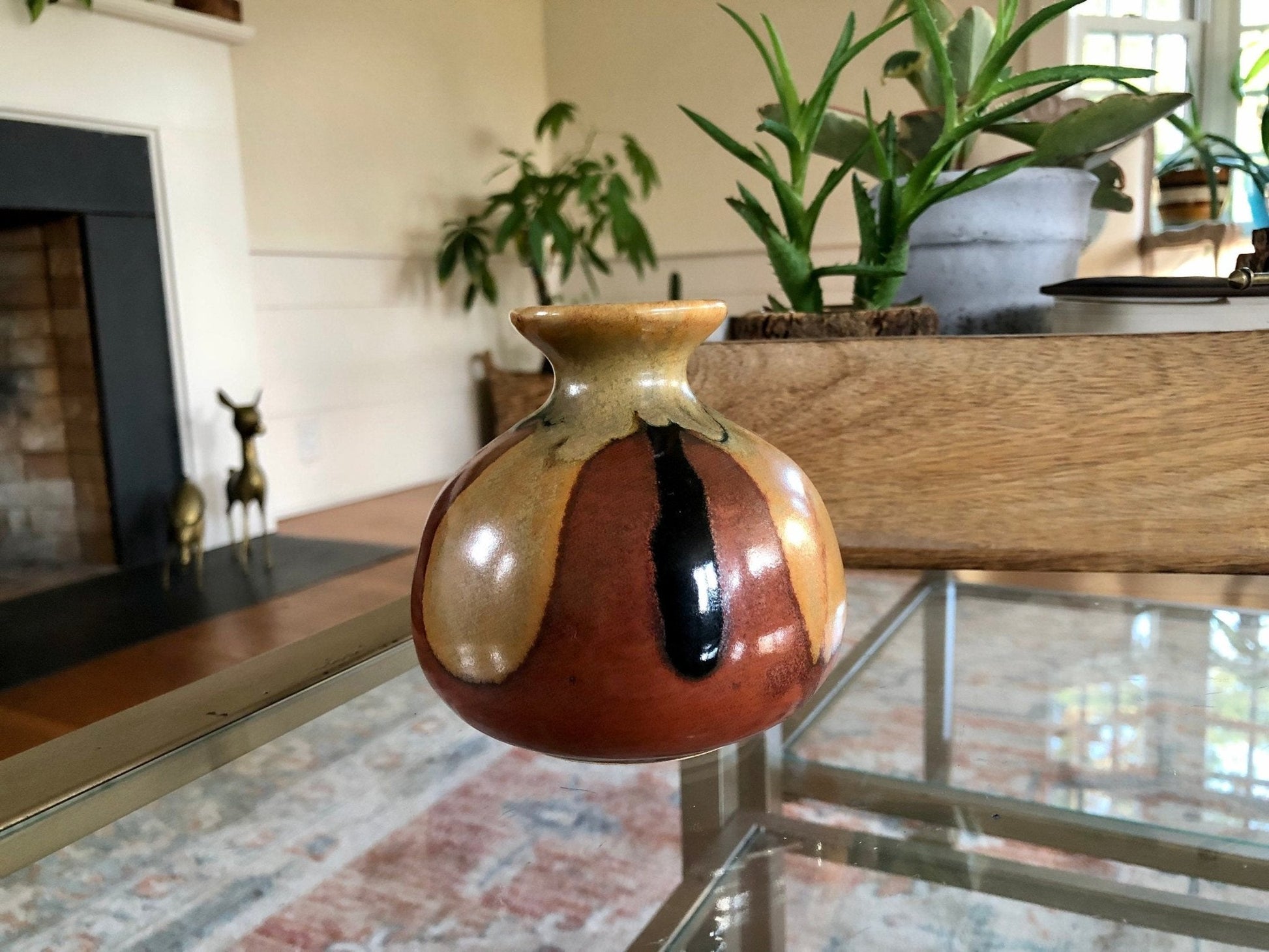 Small Hand Made Brown Beige Glaze Ceramic Flower Vase / Drip Design Bud Vase / Pottery - Loom Vintage