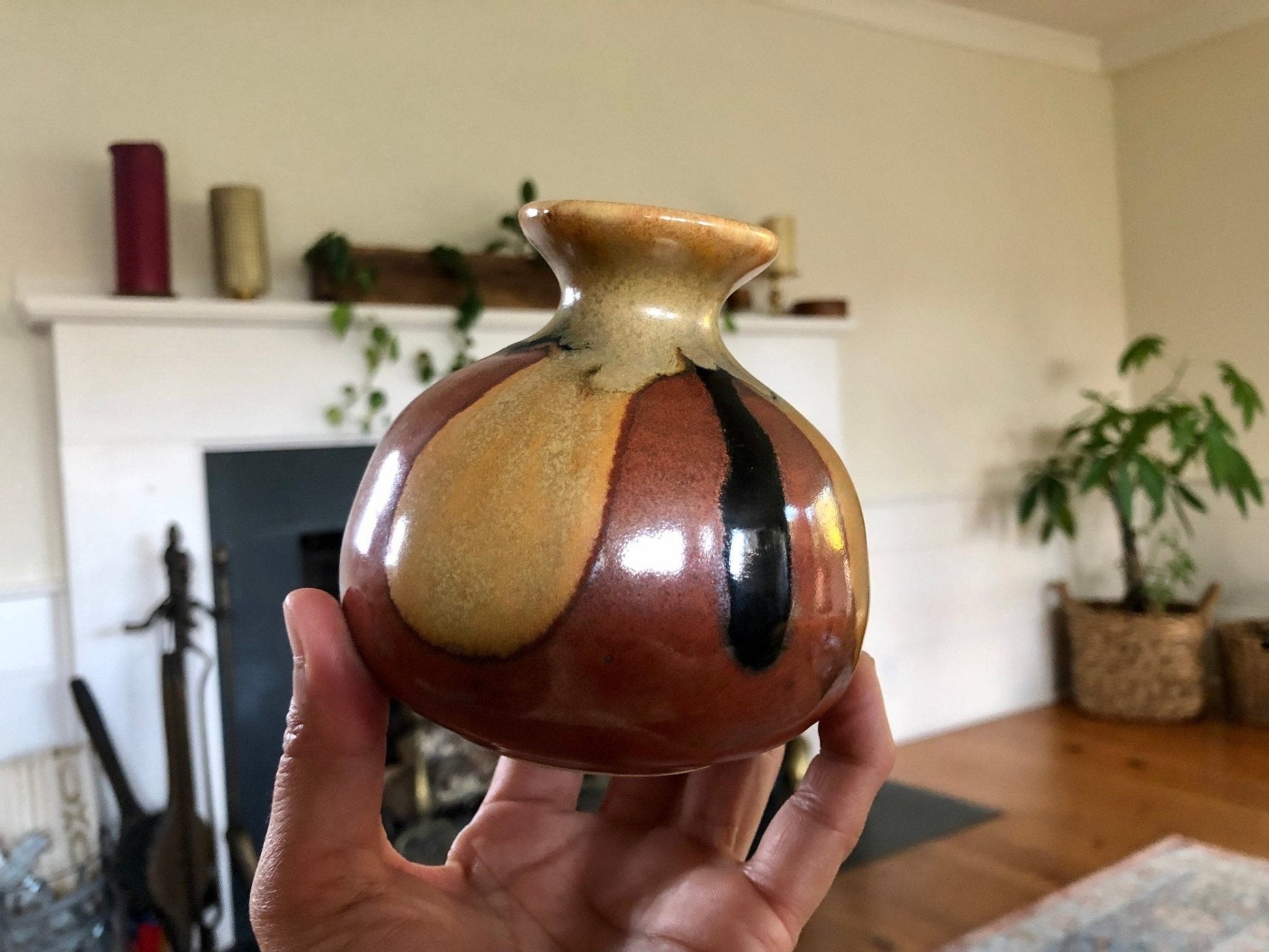 Small Hand Made Brown Beige Glaze Ceramic Flower Vase / Drip Design Bud Vase / Pottery - Loom Vintage