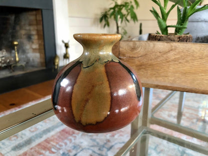 Small Hand Made Brown Beige Glaze Ceramic Flower Vase / Drip Design Bud Vase / Pottery - Loom Vintage