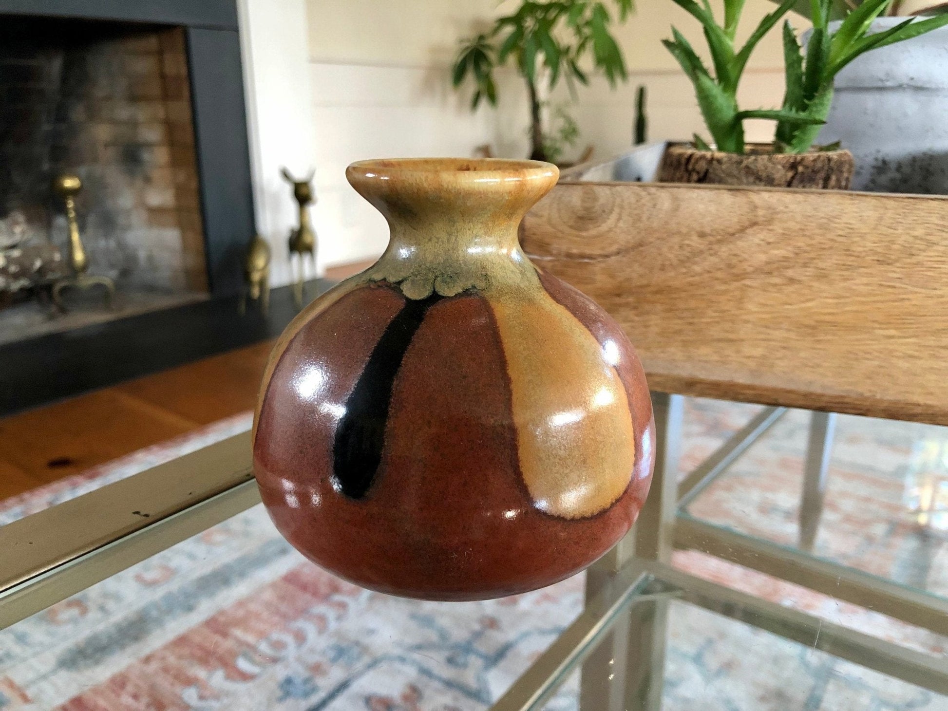 Small Hand Made Brown Beige Glaze Ceramic Flower Vase / Drip Design Bud Vase / Pottery - Loom Vintage
