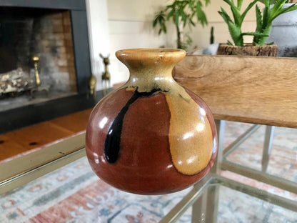 Small Hand Made Brown Beige Glaze Ceramic Flower Vase / Drip Design Bud Vase / Pottery - Loom Vintage