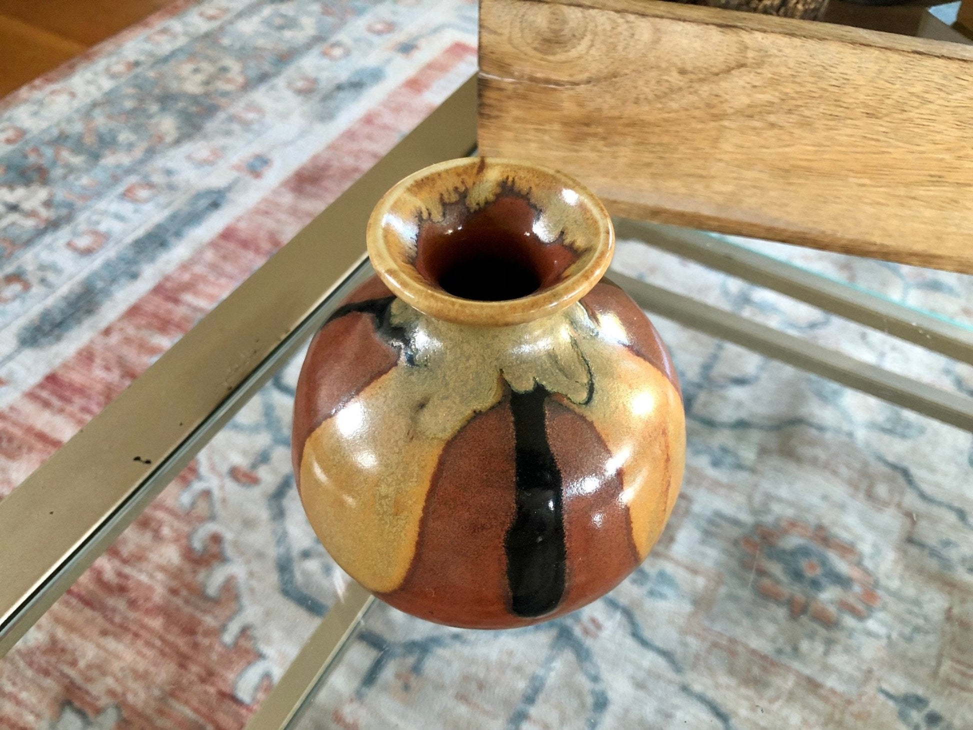 Small Hand Made Brown Beige Glaze Ceramic Flower Vase / Drip Design Bud Vase / Pottery - Loom Vintage