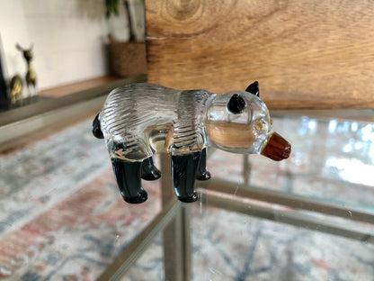 Small Handblown Glass Black and White Bear, Yellow eyes, Handmade Glass Animal - Loom Vintage