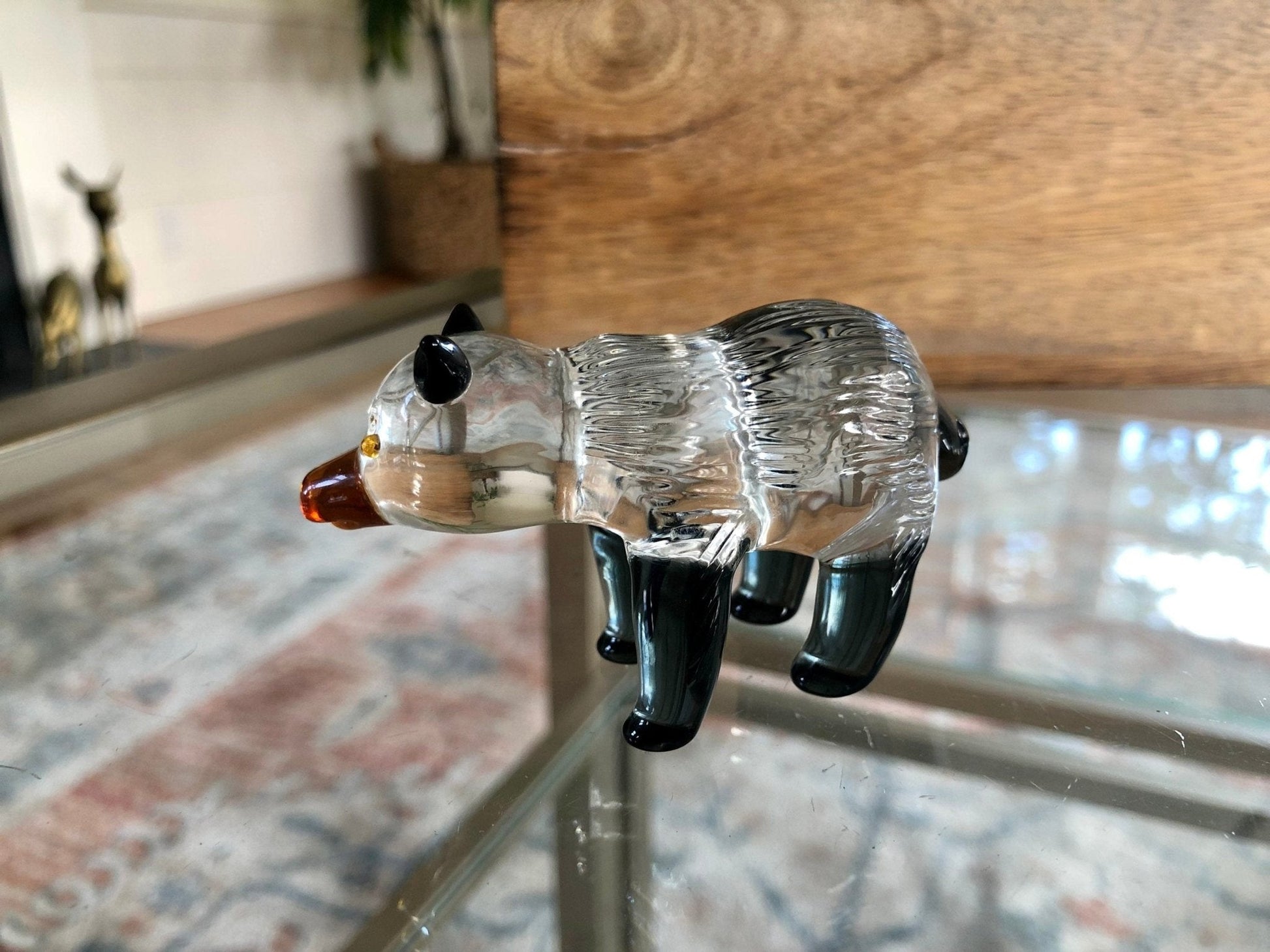 Small Handblown Glass Black and White Bear, Yellow eyes, Handmade Glass Animal - Loom Vintage