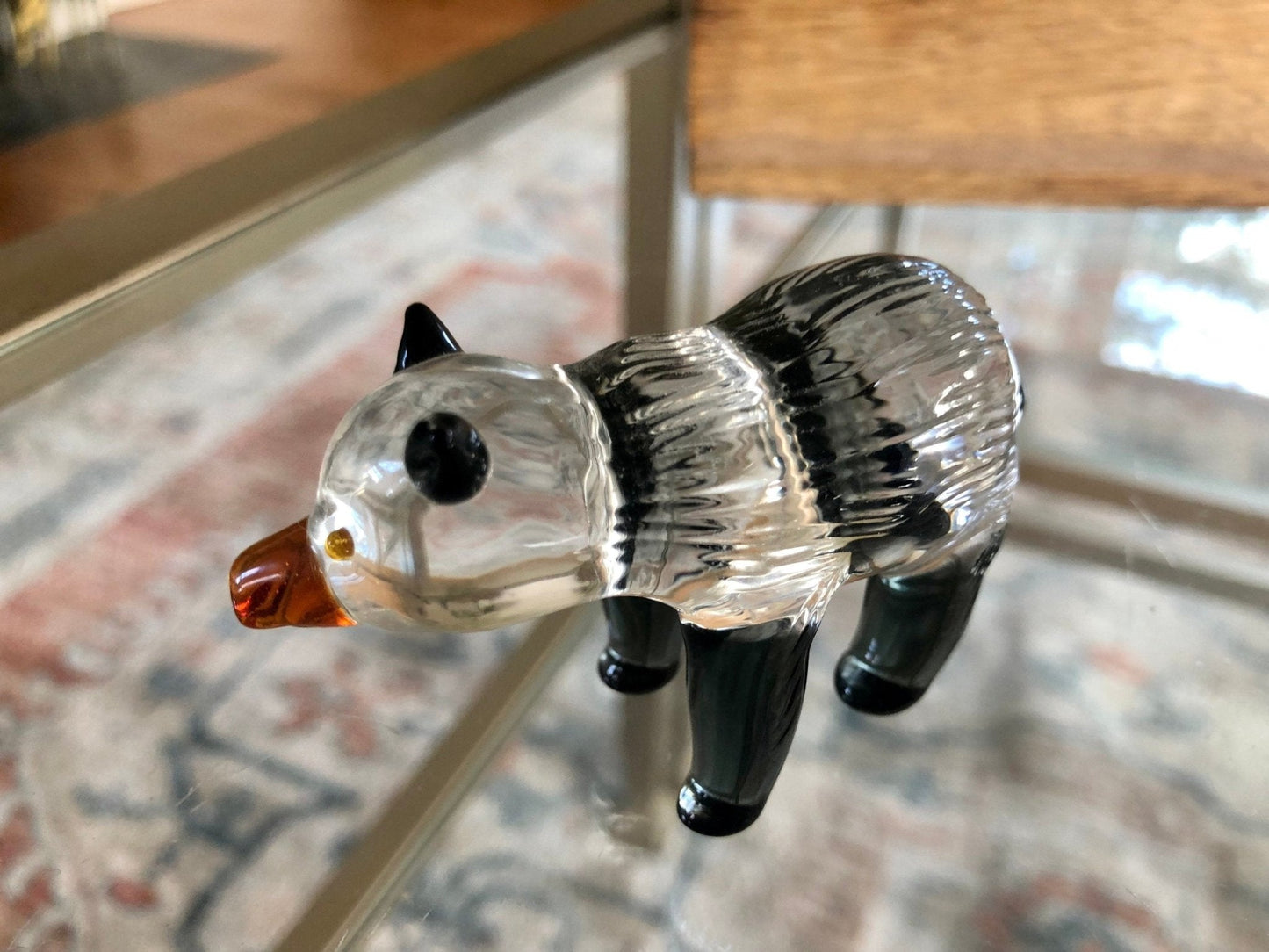 Small Handblown Glass Black and White Bear, Yellow eyes, Handmade Glass Animal - Loom Vintage