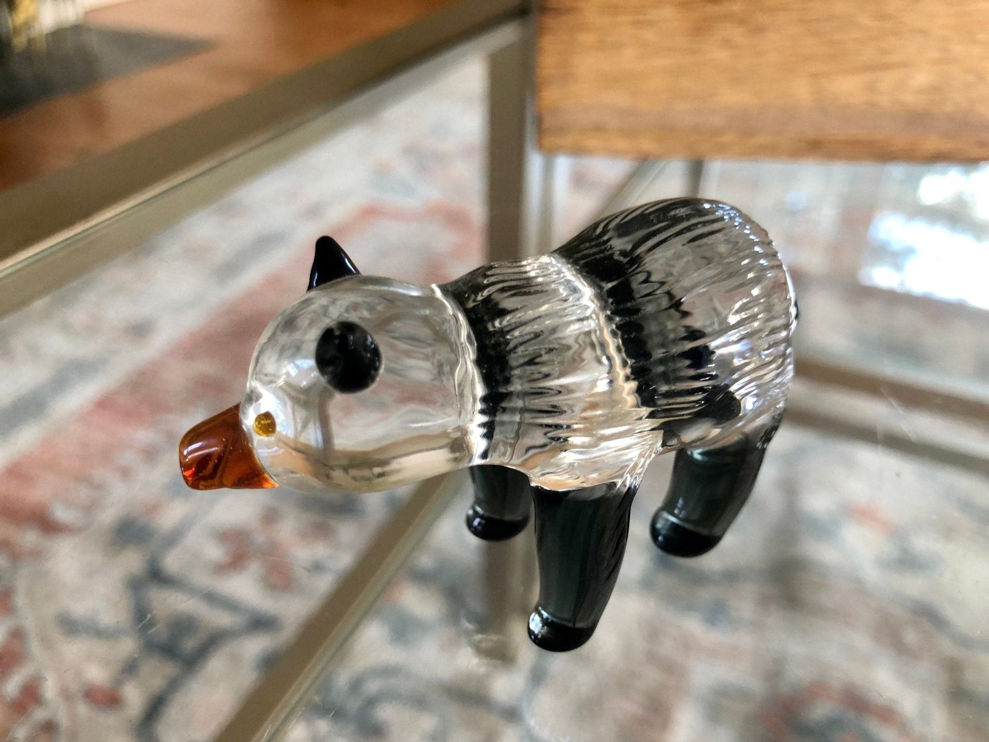 Small Handblown Glass Black and White Bear, Yellow eyes, Handmade Glass Animal - Loom Vintage