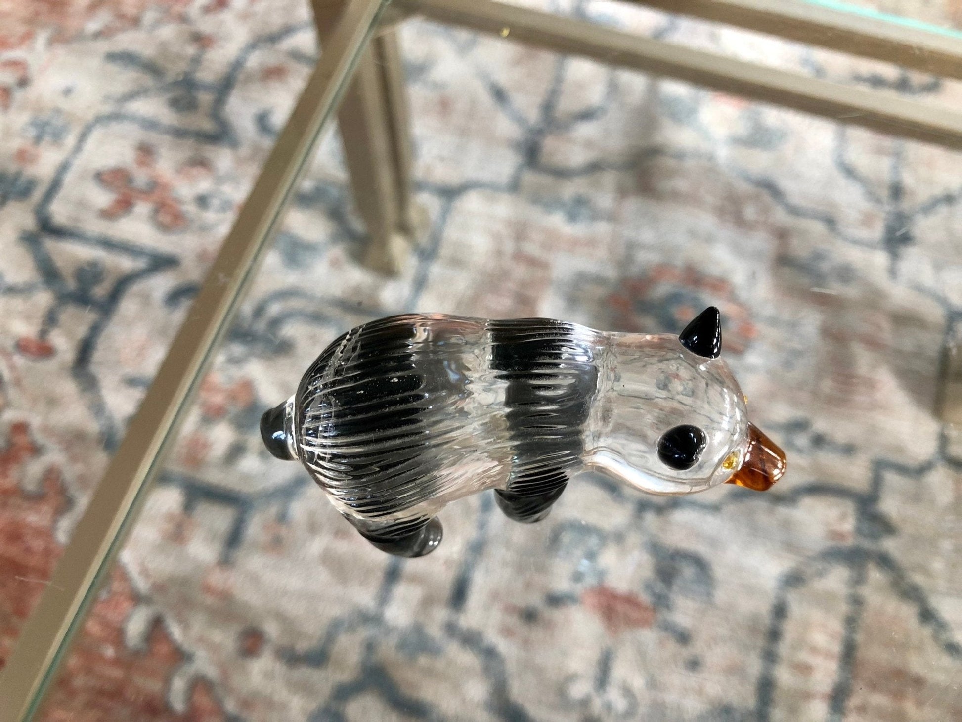 Small Handblown Glass Black and White Bear, Yellow eyes, Handmade Glass Animal - Loom Vintage