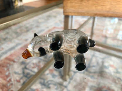 Small Handblown Glass Black and White Bear, Yellow eyes, Handmade Glass Animal - Loom Vintage