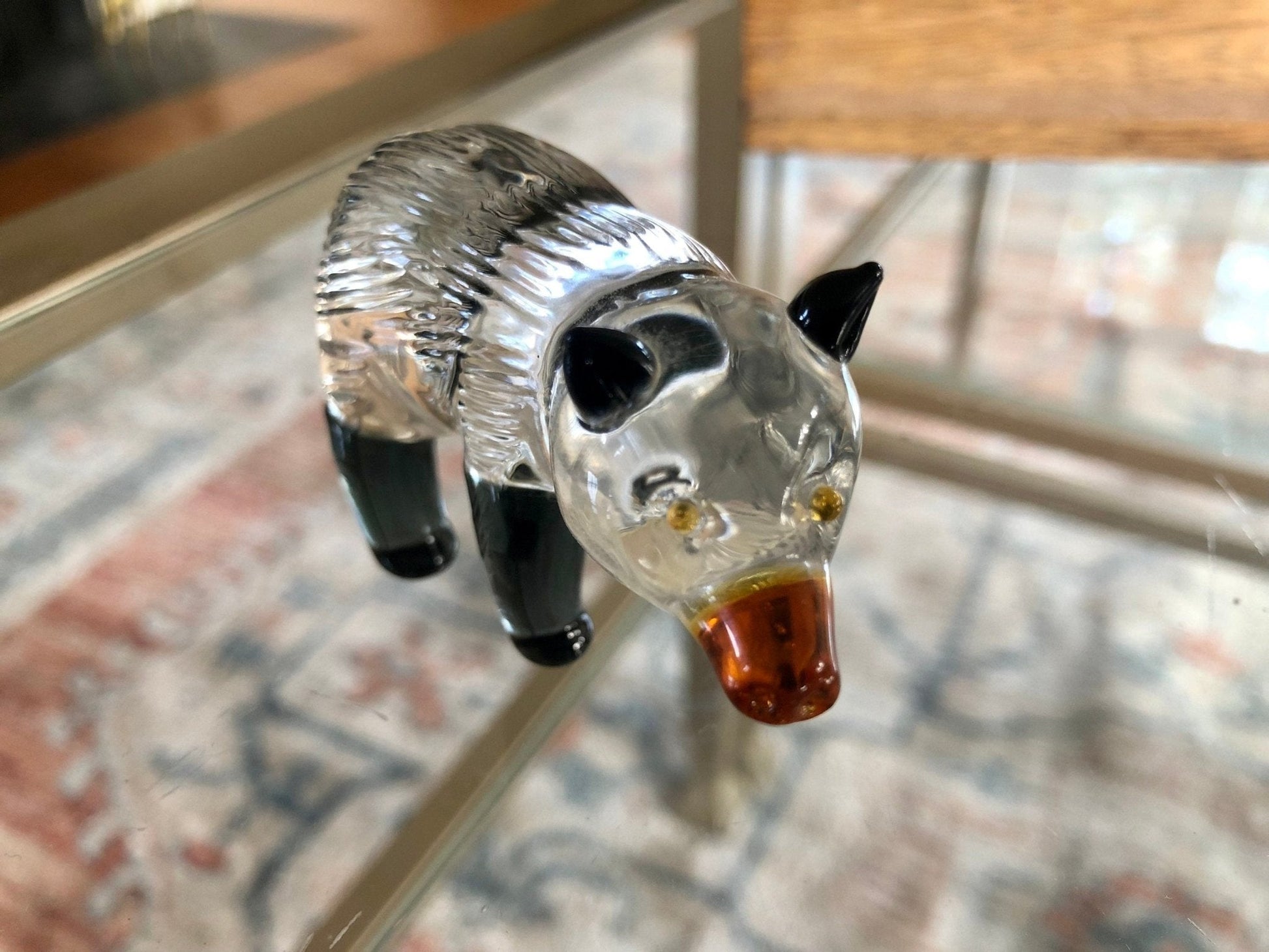 Small Handblown Glass Black and White Bear, Yellow eyes, Handmade Glass Animal - Loom Vintage