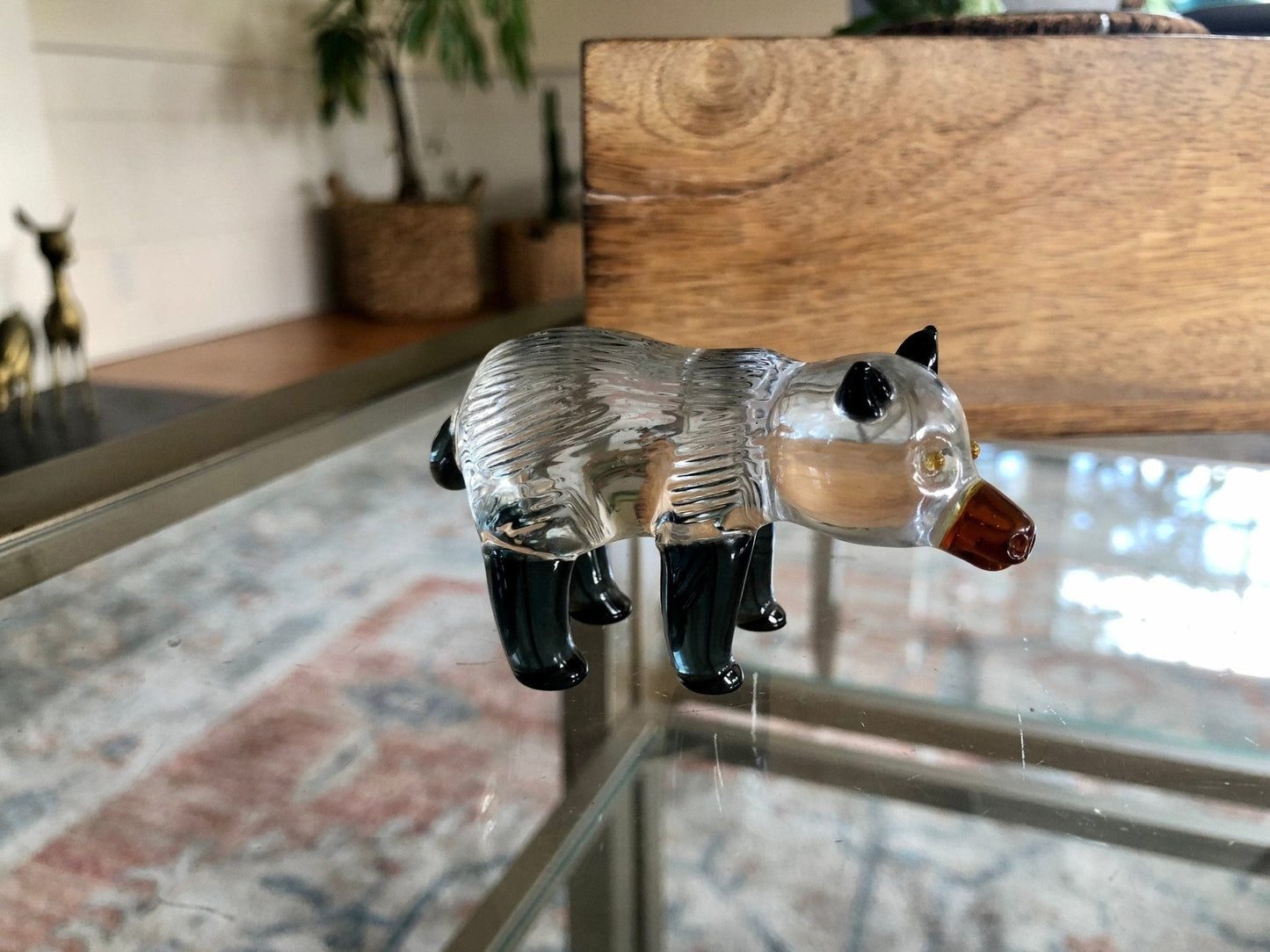 Small Handblown Glass Black and White Bear, Yellow eyes, Handmade Glass Animal - Loom Vintage
