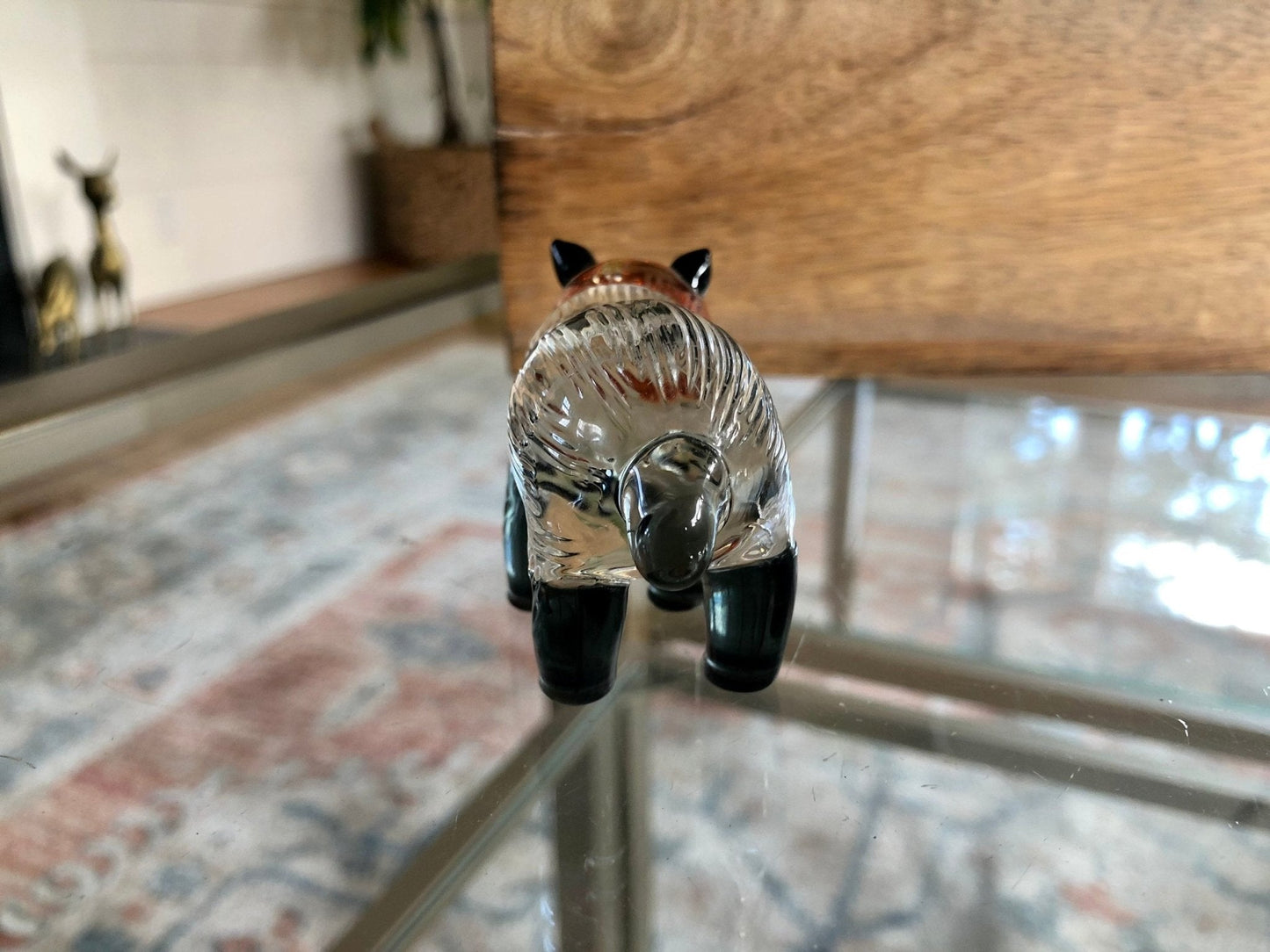 Small Handblown Glass Black and White Bear, Yellow eyes, Handmade Glass Animal - Loom Vintage