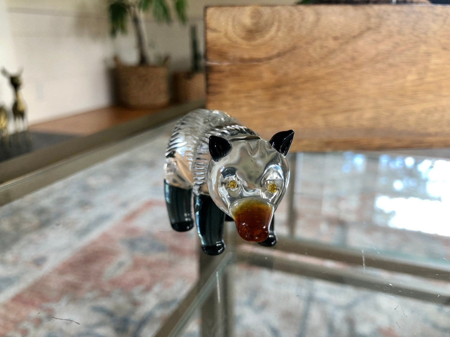 Small Handblown Glass Black and White Bear, Yellow eyes, Handmade Glass Animal - Loom Vintage