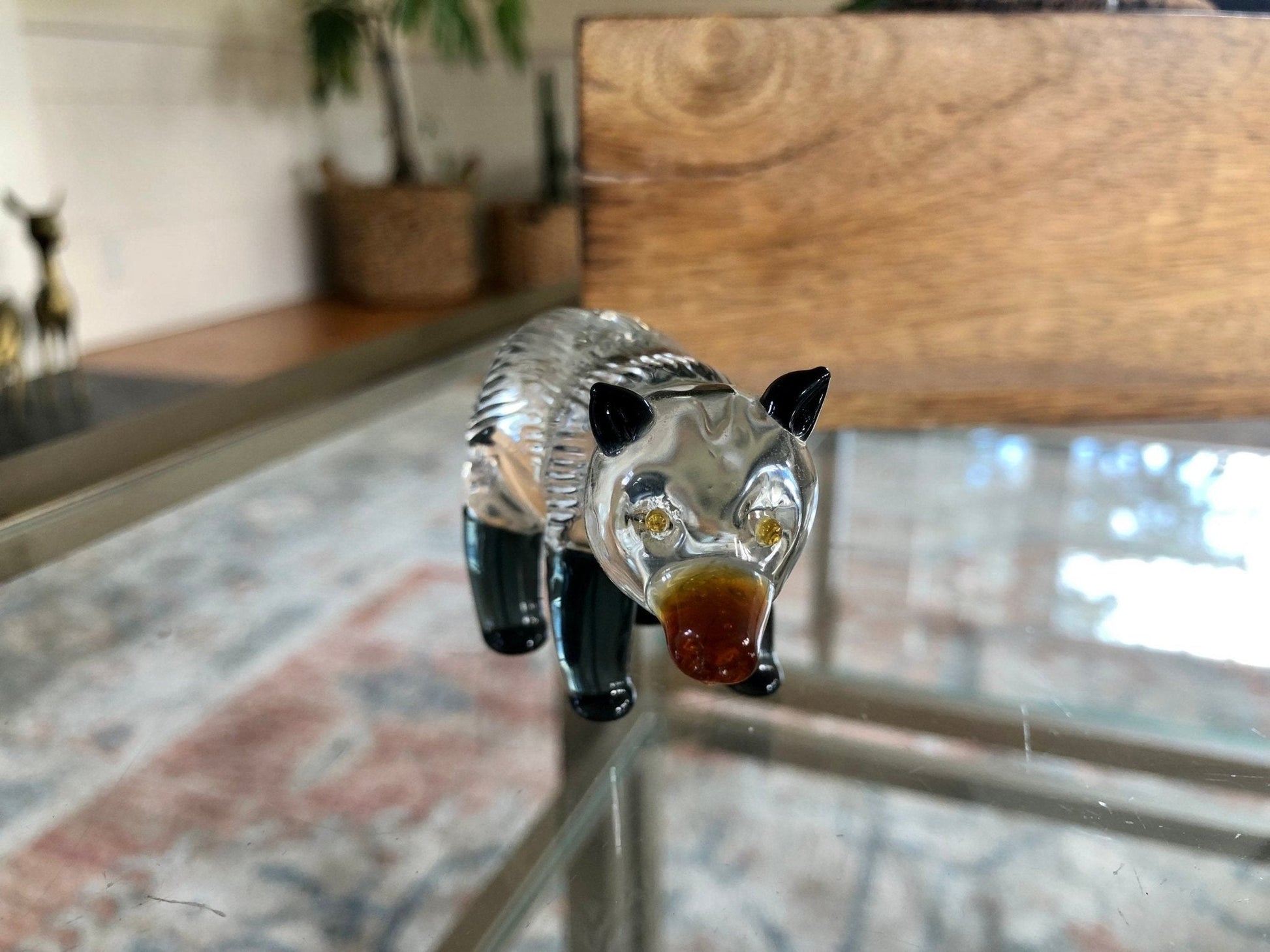 Small Handblown Glass Black and White Bear, Yellow eyes, Handmade Glass Animal - Loom Vintage