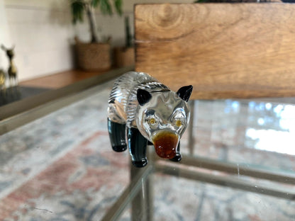 Small Handblown Glass Black and White Bear, Yellow eyes, Handmade Glass Animal - Loom Vintage