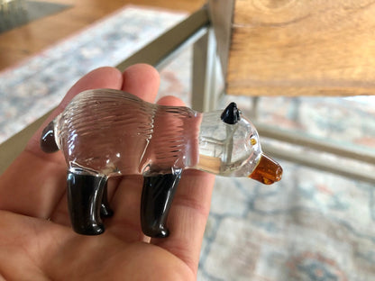 Small Handblown Glass Black and White Bear, Yellow eyes, Handmade Glass Animal - Loom Vintage