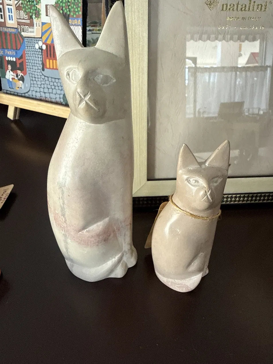 Carved Soapstone Cat Figurines, Pair — Egyptian Revival Seated Form, Graduated Sizes