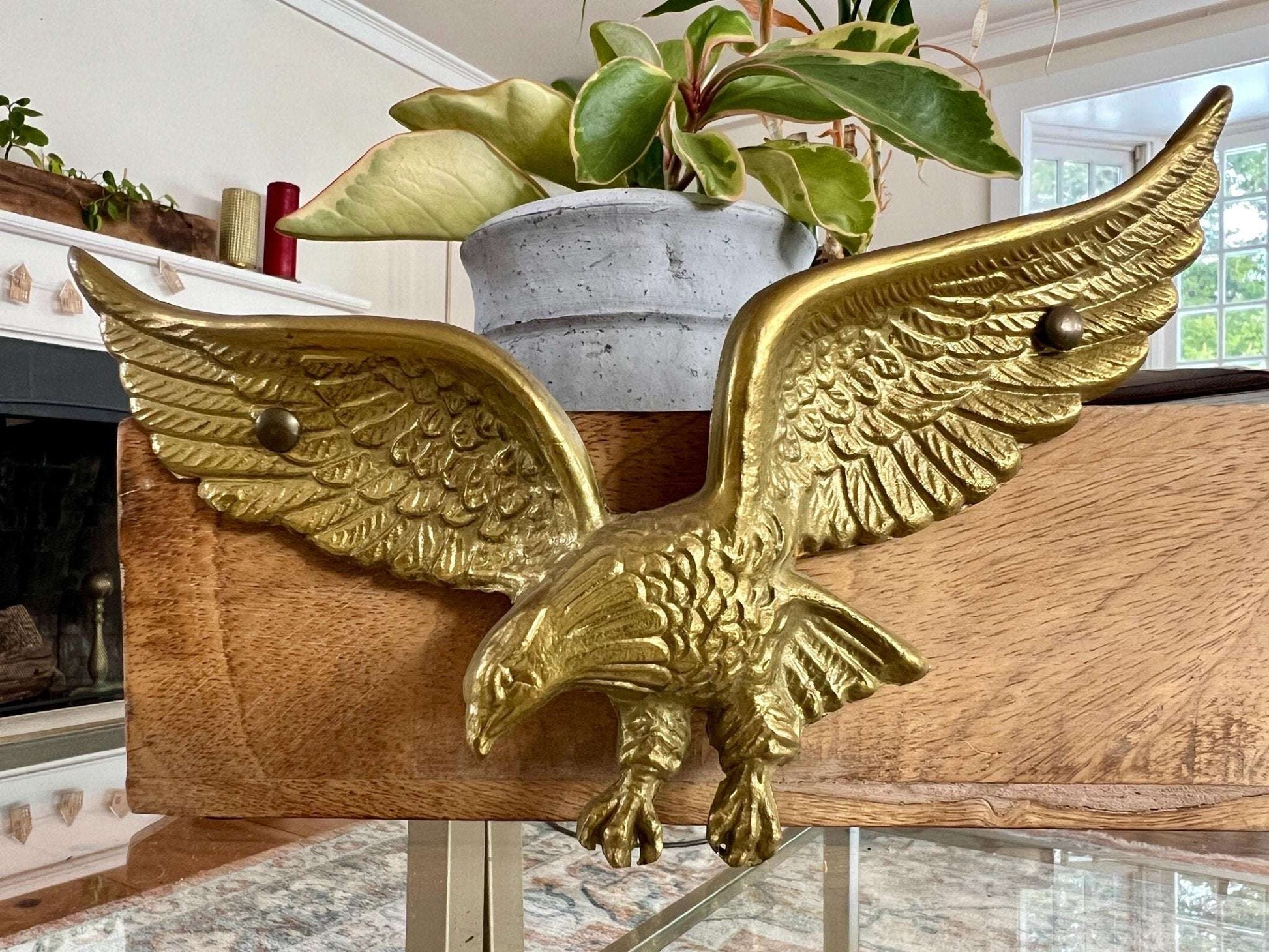Solid Brass Bald Eagle Wall Plaque — Detailed Cast, 9" x 5.25", Never Used - Loom Vintage